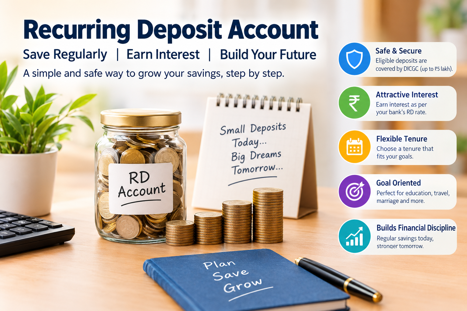 Recurring Deposit Account showing regular monthly savings, RD account jar, growing coin stacks, financial planning and key benefits of recurring deposits in India.